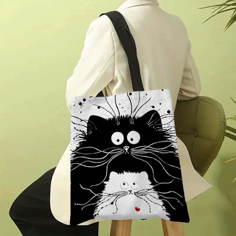 Shopper in lino con stampa di gatti, borsa spesa lavabile e capiente