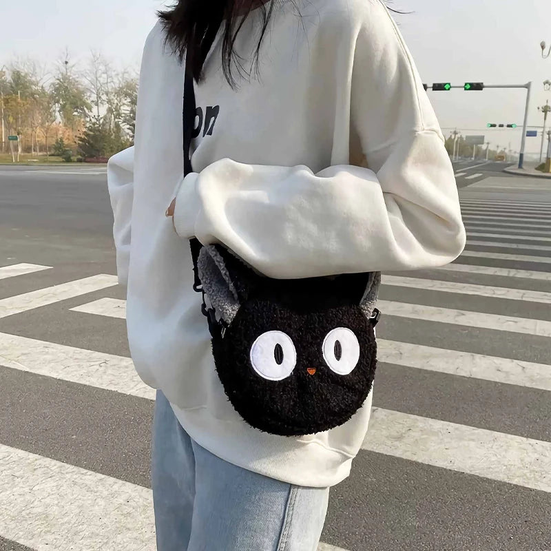 Borsa a tracolla gatto nero kawaii, morbida e spaziosa