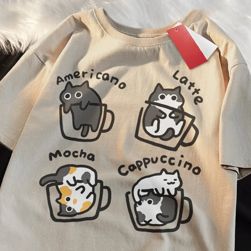 T-shirt a Tema Gatti e Caffè Teekossc per Uomo e Donna – Divertente, Casual e alla Moda per l'Estate
