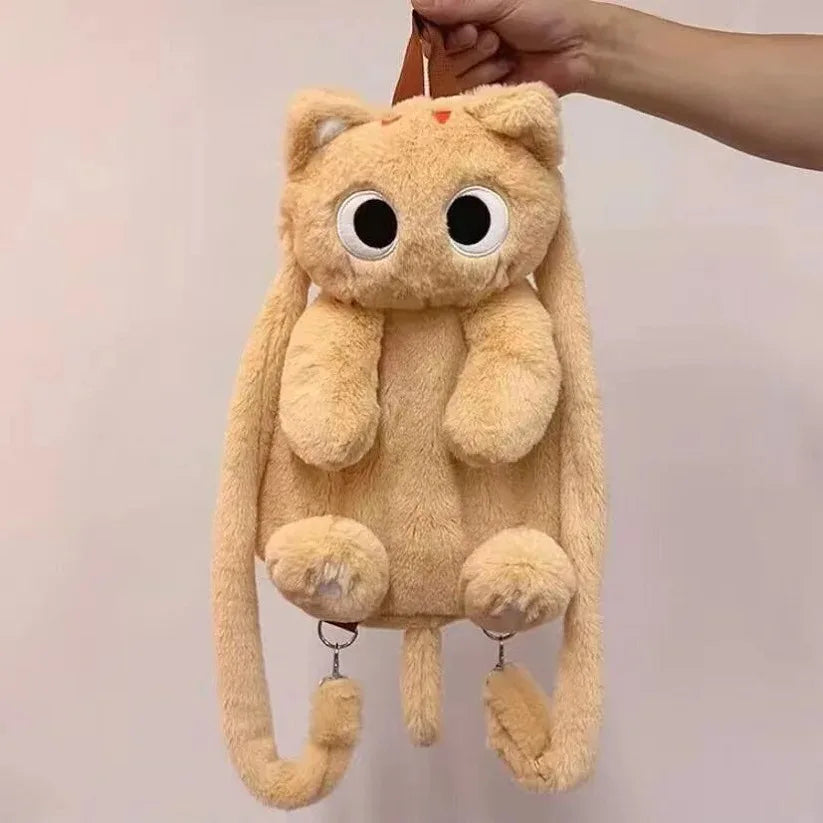 Zaino peluche gatto nero con occhi gialli, morbido e adorabile, perfetto per uno stile unico.