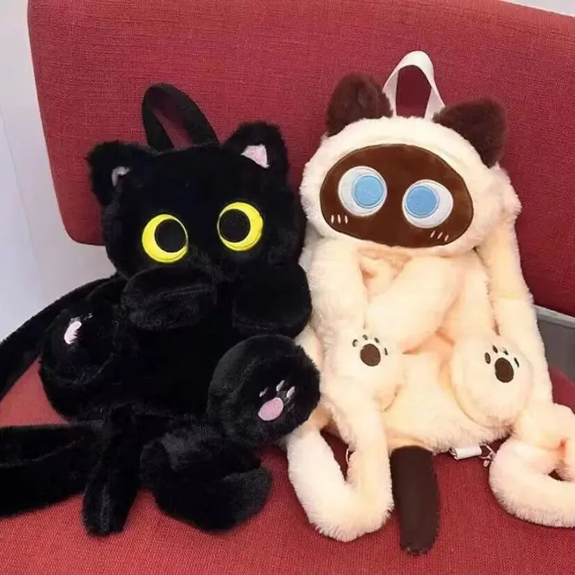 Zaino peluche gatto nero con occhi gialli, morbido e adorabile, perfetto per uno stile unico.