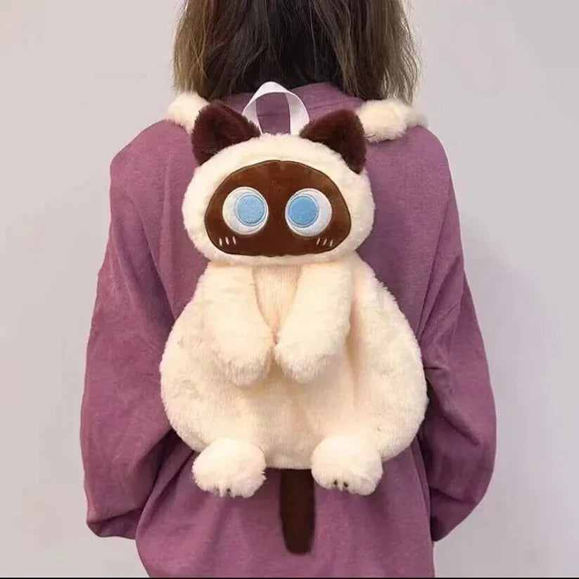 Zaino peluche gatto nero con occhi gialli, morbido e adorabile, perfetto per uno stile unico.
