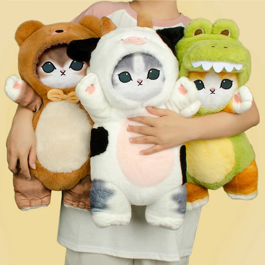 Peluche gatto kawaii gigante Mofusand in cosplay dinosauro e mucca, morbido e adorabile