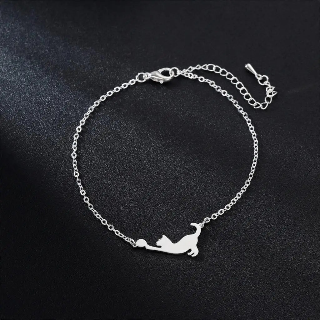 Bracciale con gatto in rame con design romantico e catena a maglia