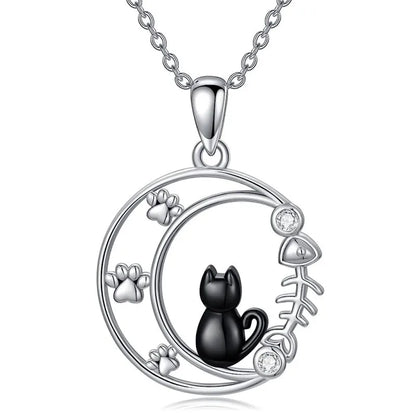 Collana pendente gatto nero con cristallo e luna per donna