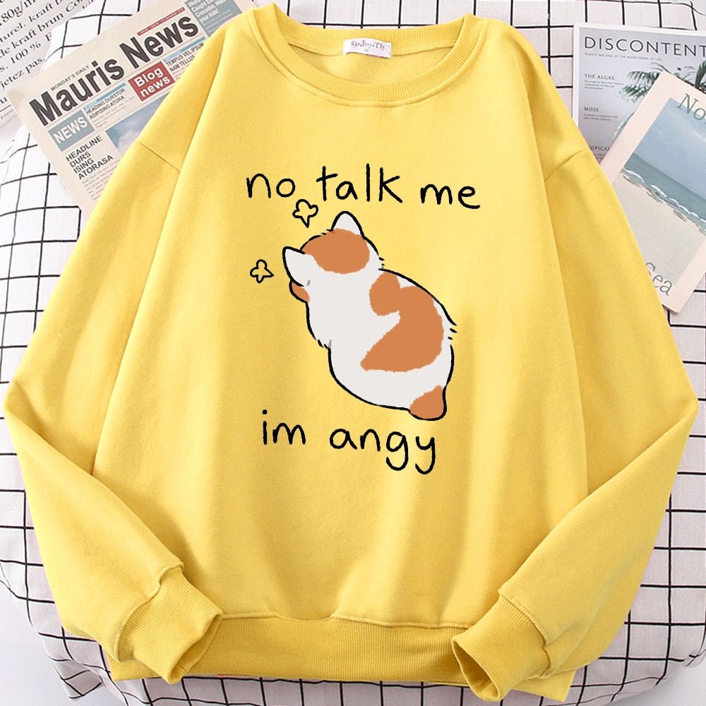 Felpa oversize kawaii con stampa di gatto arrabbiato, perfetta per donna. "No Talk Me, I’m Angry" divertente e comoda per l’inverno.