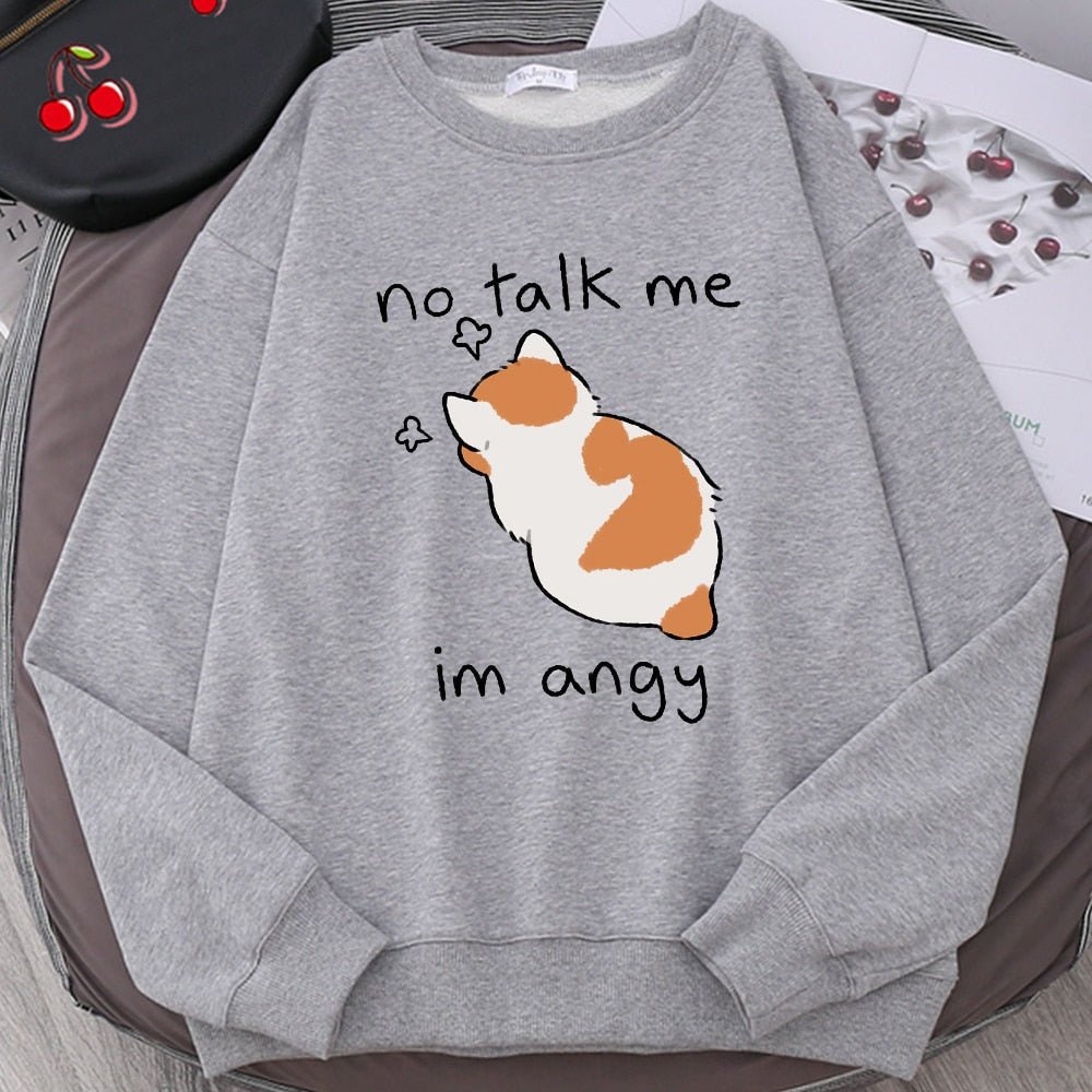 Felpa oversize kawaii con stampa di gatto arrabbiato, perfetta per donna. "No Talk Me, I’m Angry" divertente e comoda per l’inverno.