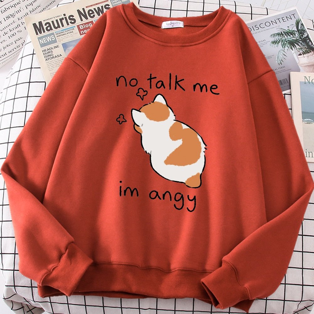 Felpa oversize kawaii con stampa di gatto arrabbiato, perfetta per donna. "No Talk Me, I’m Angry" divertente e comoda per l’inverno.