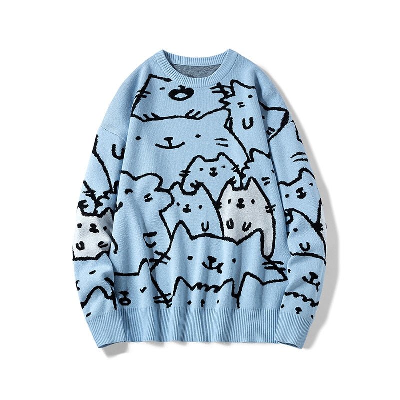 Felpa Premium con gatti cartoon in cotone, disponibile in azzurro cielo o cachi scuro, con gatti delineati in nero e due gatti bianchi. Vestibilità unisex per amanti dei gatti.

