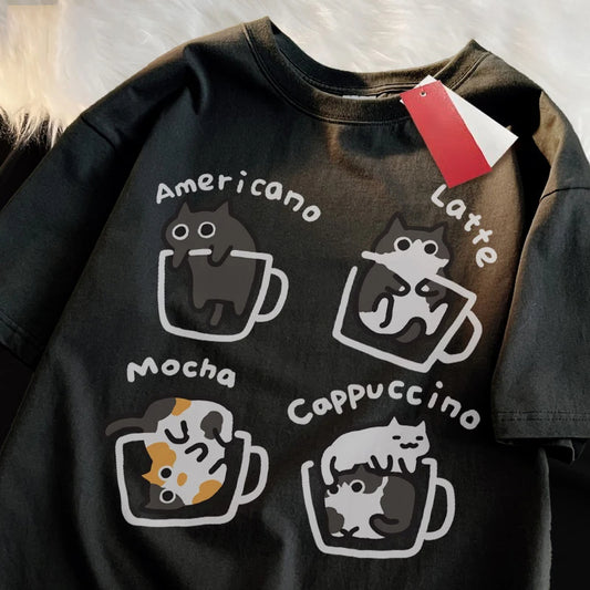 T-shirt a Tema Gatti e Caffè Teekossc per Uomo e Donna – Divertente, Casual e alla Moda per l'Estate

