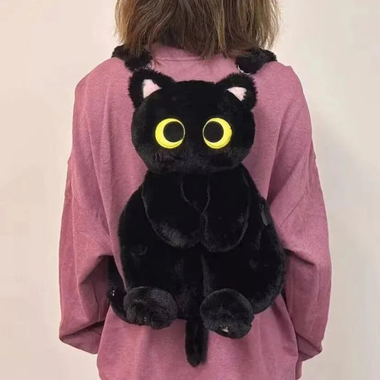 Zaino peluche gatto nero con occhi gialli, morbido e adorabile, perfetto per uno stile unico.